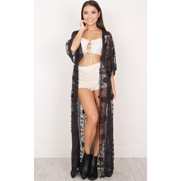 SOLD OUT Boho Floral Embroidered Lace Kimono Duster Wrap - Picture 2 of 9